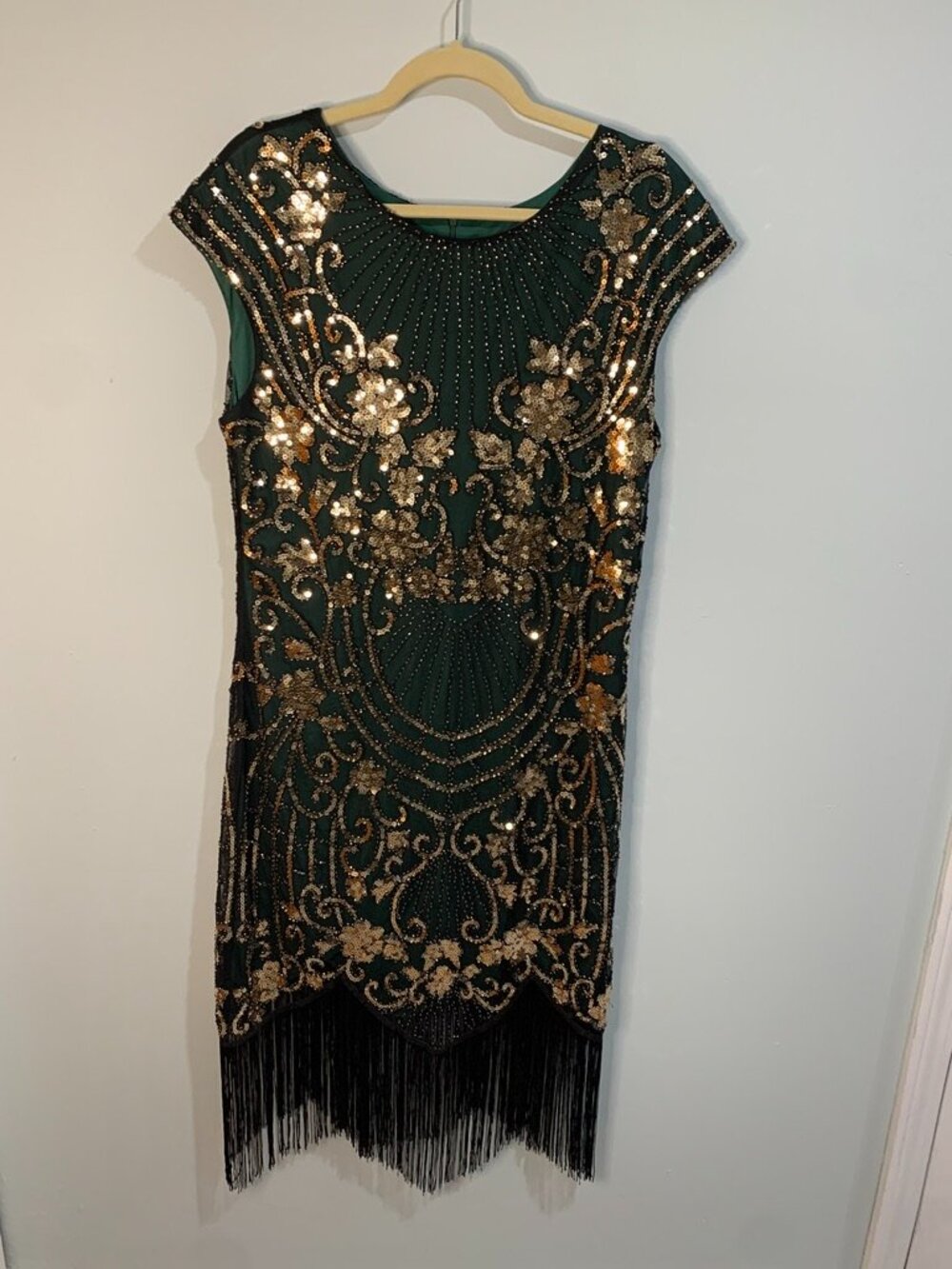 1920s Flapper Dress Green Gold Sequin Fringe Gatsby Art Deco Size XXL